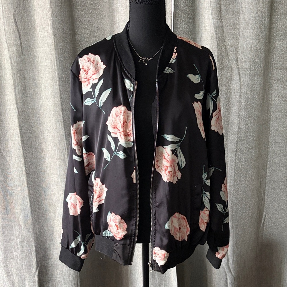 New Look Black and Pink Floral Bomber Jacket